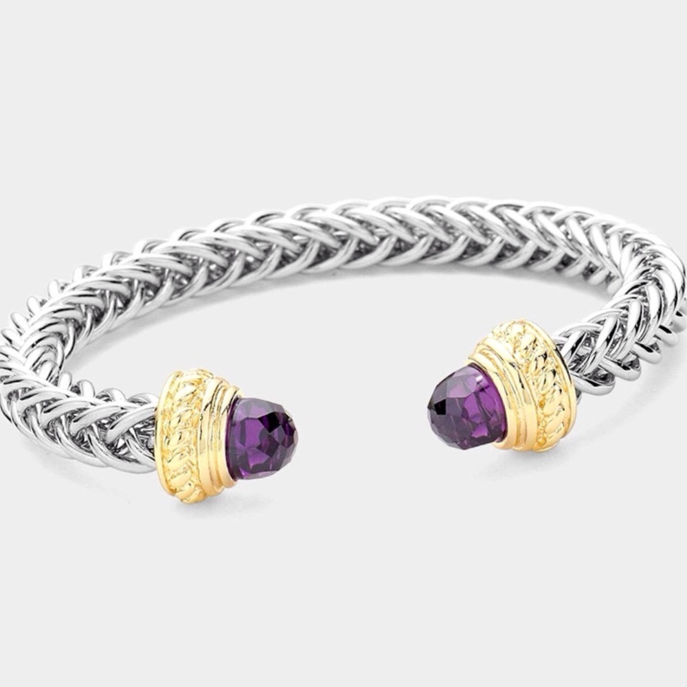 Braided Silver and Gold Bracelet with Amethyst Cabochons